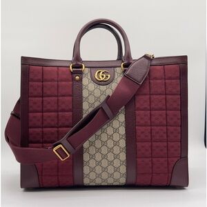 0490JPL ❌SOLD❌NEW Gucci Burgandy & Tan Surpeme Canvas Large Quilted Tote Bag